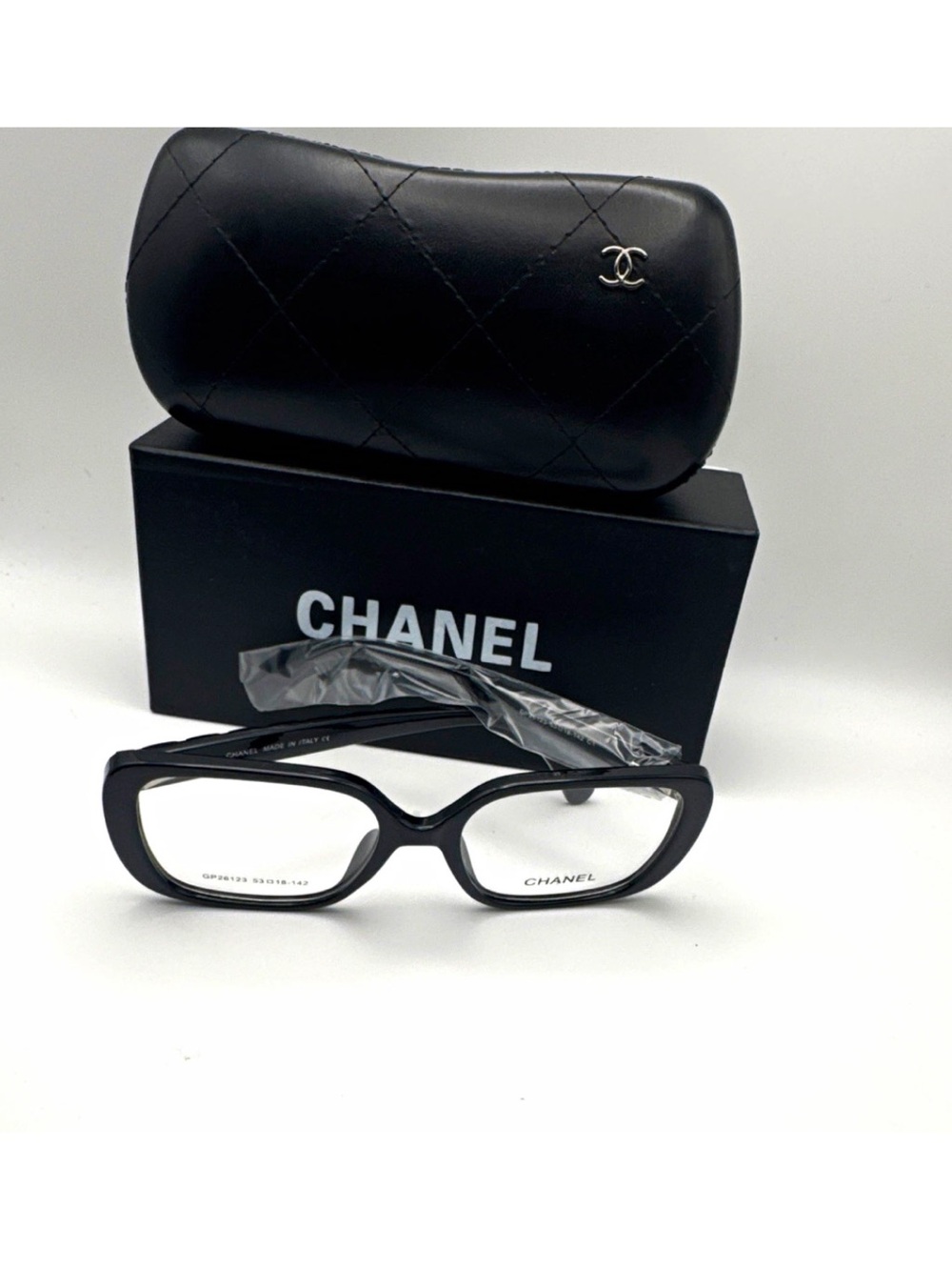 CHANEL Black Cat-Eye Optical Glasses with Quilted Case and Box
